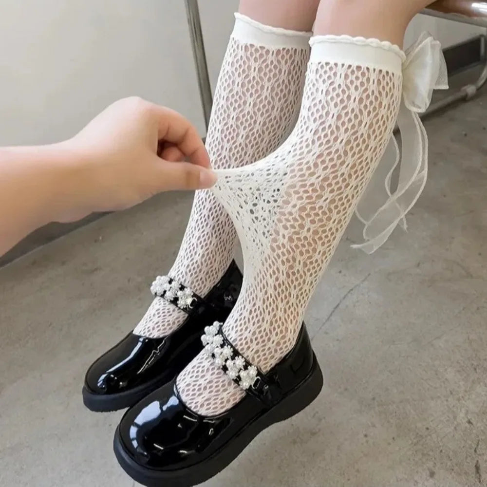 Breathable Lace Bow Over-the-knee Socks Women Sheer Mesh Elastic
