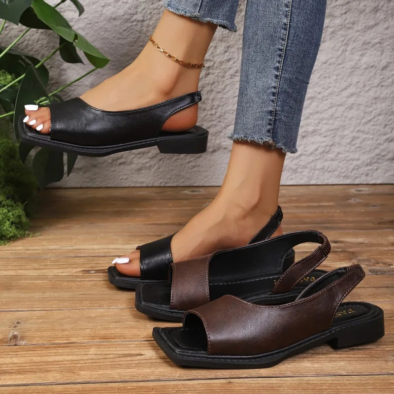 Women's Vintage Comfortable Mid Heel Sandals Summer Women Square Open Zpaxo