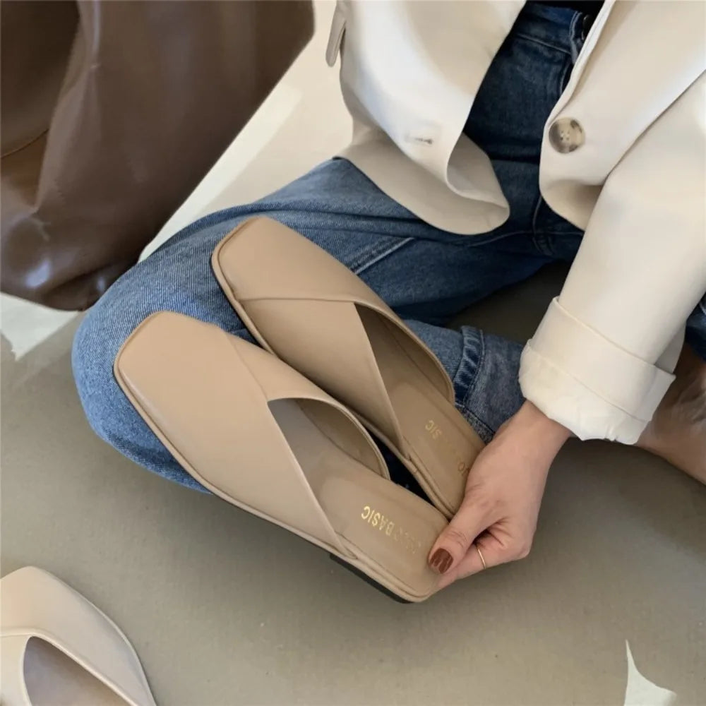 Women Mules 2025 Summer Elegant Square Closed Toe Flat Slippers Zpaxo Khaki 40