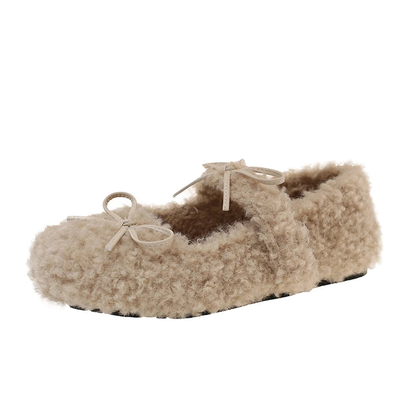 Women's Shearling Ballet Flats Strap Warm Rabbit Fur Plush Lined