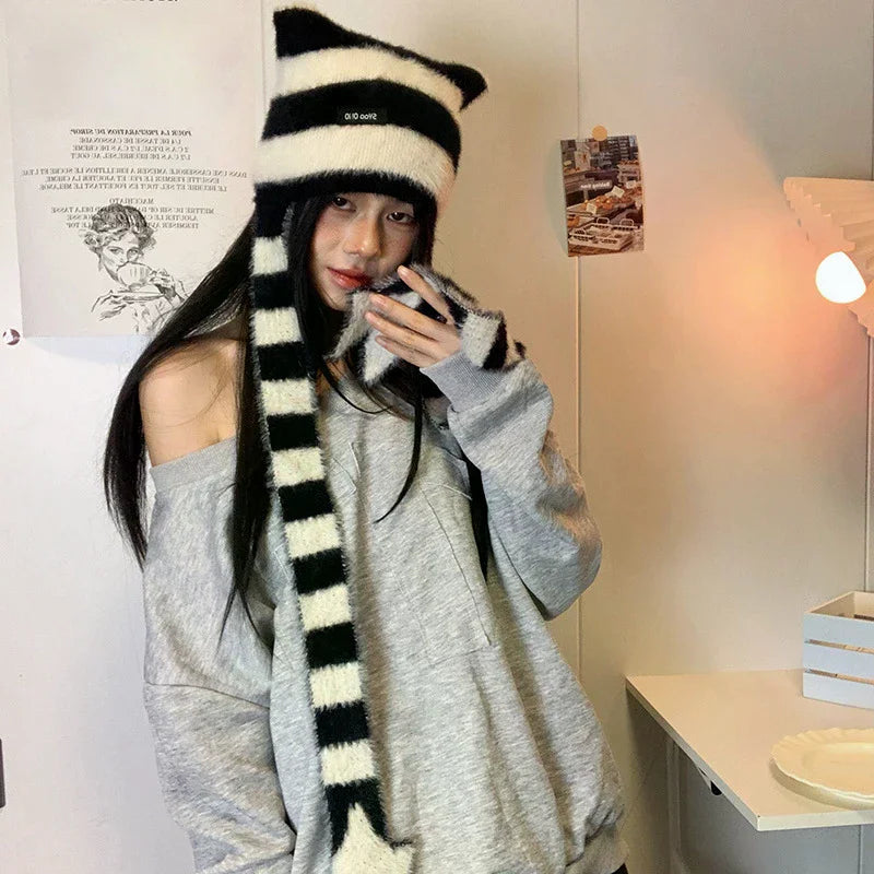 Y2k Subculture Girl Sweet Cool Hat Star Striped Plush Knitted Zpaxo