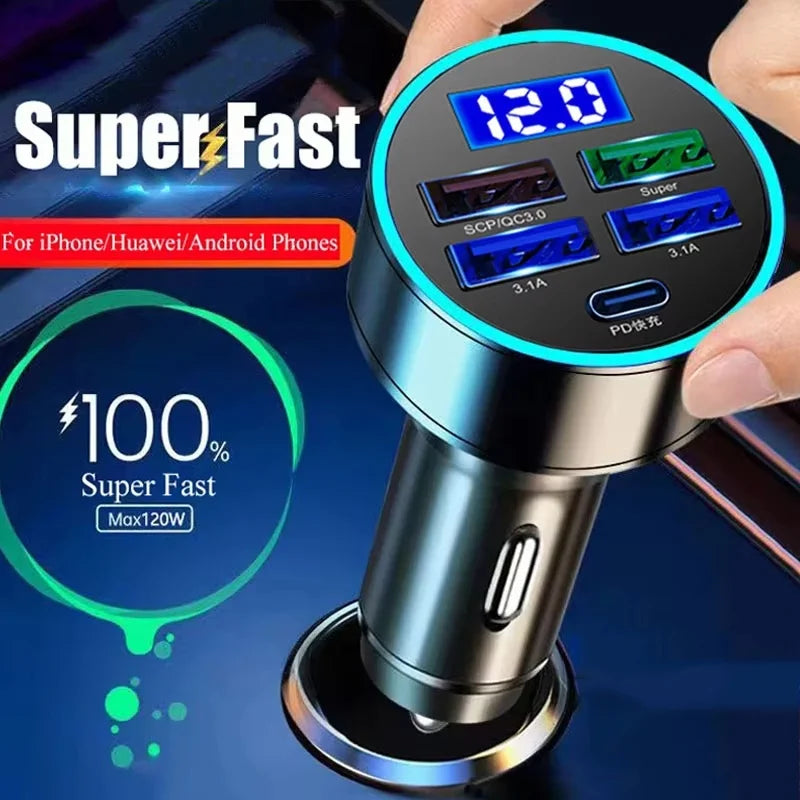 250W 5 Port Car Charger Digital Display Super Fast Charging Kit For iPhone/Xiaomi/Huawei/Realme/OPPO Car Adapter Accessories Kit Zpaxo