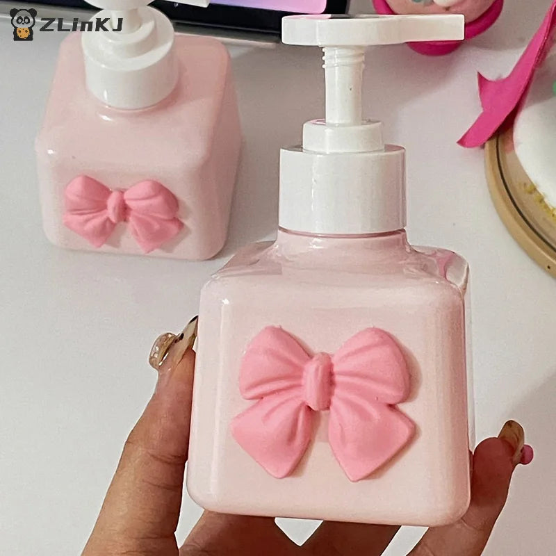 Bow Soap Dispenser Refillable Shower Bottle Pink Plastic Press Pump Zpaxo
