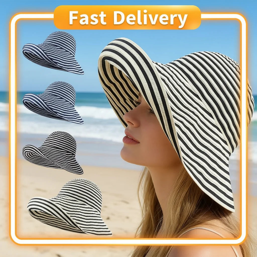 Retro Striped Wide Brim Fisherman Sun Hat UPF50+ Foldable Wide Brim Sun Hat Zpaxo