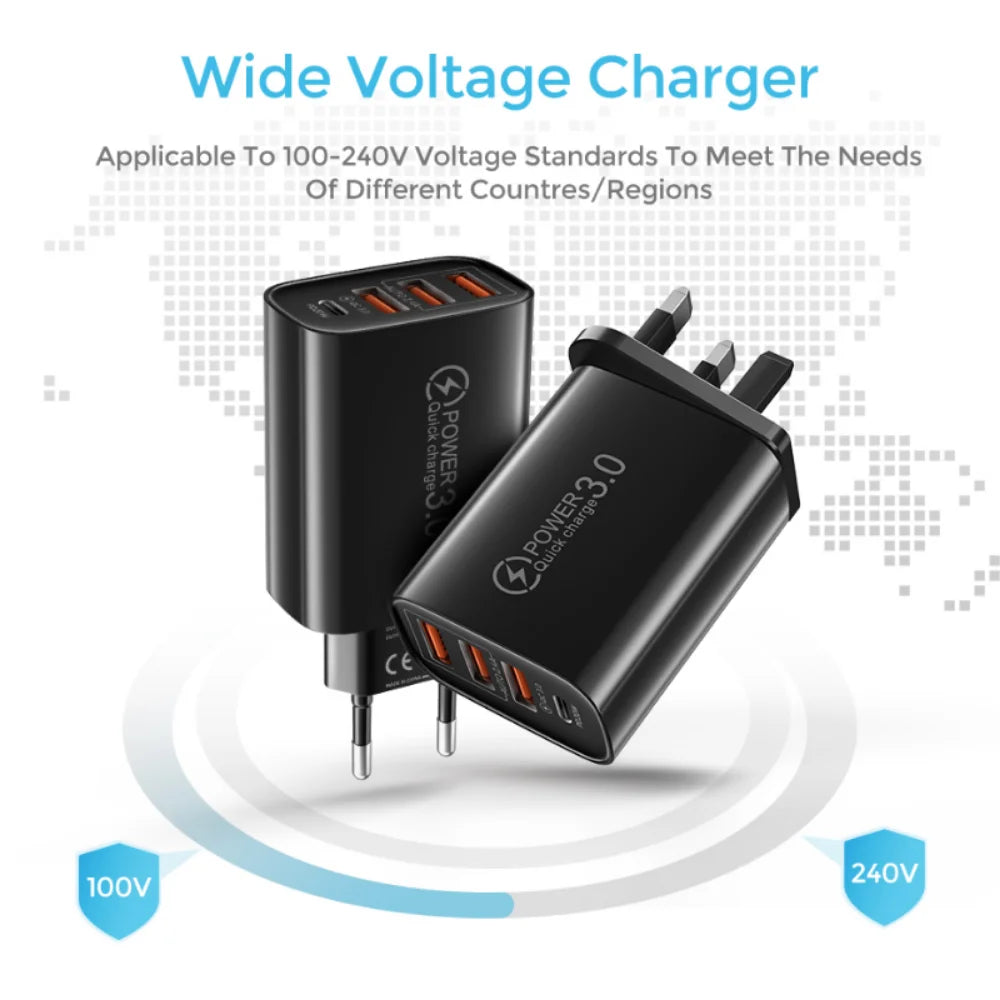 60W 4-Port USB-C Fast Wall Charger – PD & Quick Charge 3.0 USB Wall Charger Zpaxo