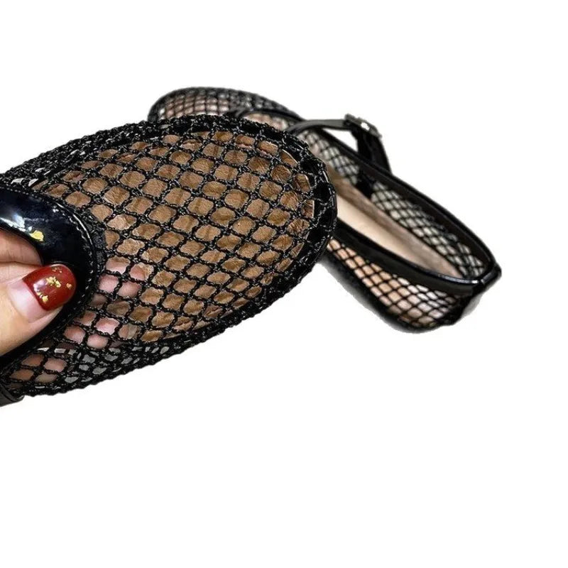 Summer Hollow Mesh Women Ballet Falts Shoes Round Toe Mary Jane Breathable Sandals 2025 Solid Color Buckle Strap Ladies Footwear Zpaxo