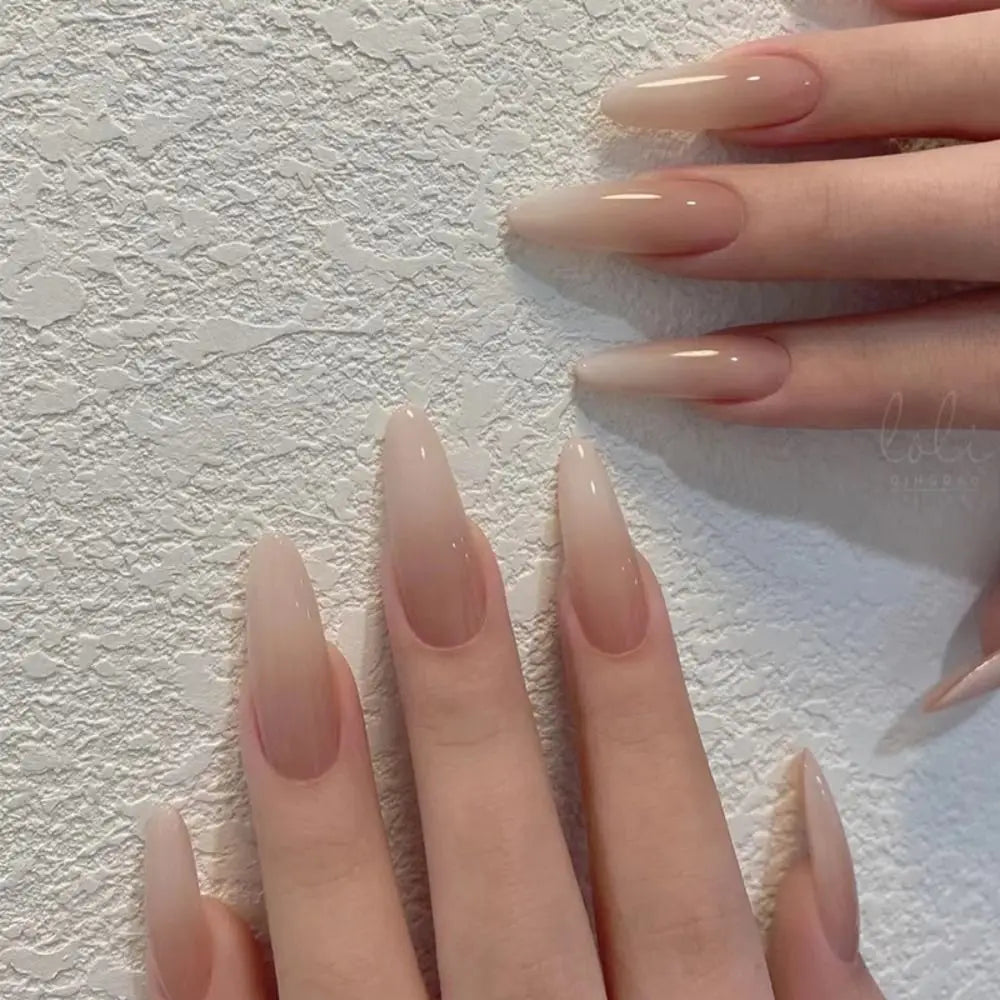 24 Long Almond False Nails French Simple Gradient Fake Nail Tips DIY Zpaxo