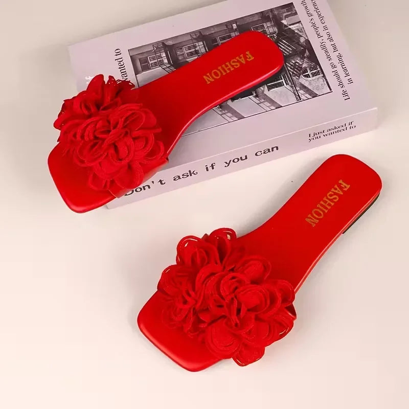 Women Flower Flat Slippers Summer Casual Walking Shoes Female Fashion Zpaxo Red 35