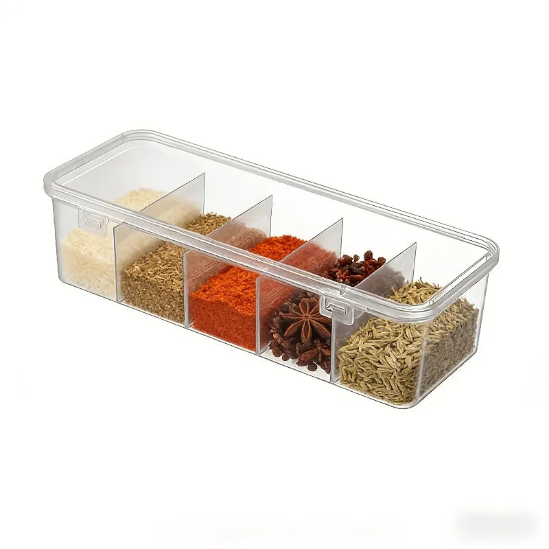 5-Compartment Spice Storage Box Lid Large Organizer Salt Pepper