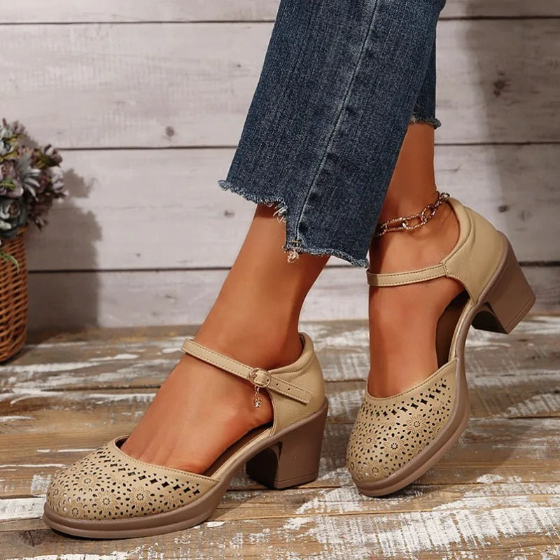 Ankle Strap Heels Sandals Women 2025 Summer Hollow Out Breathable