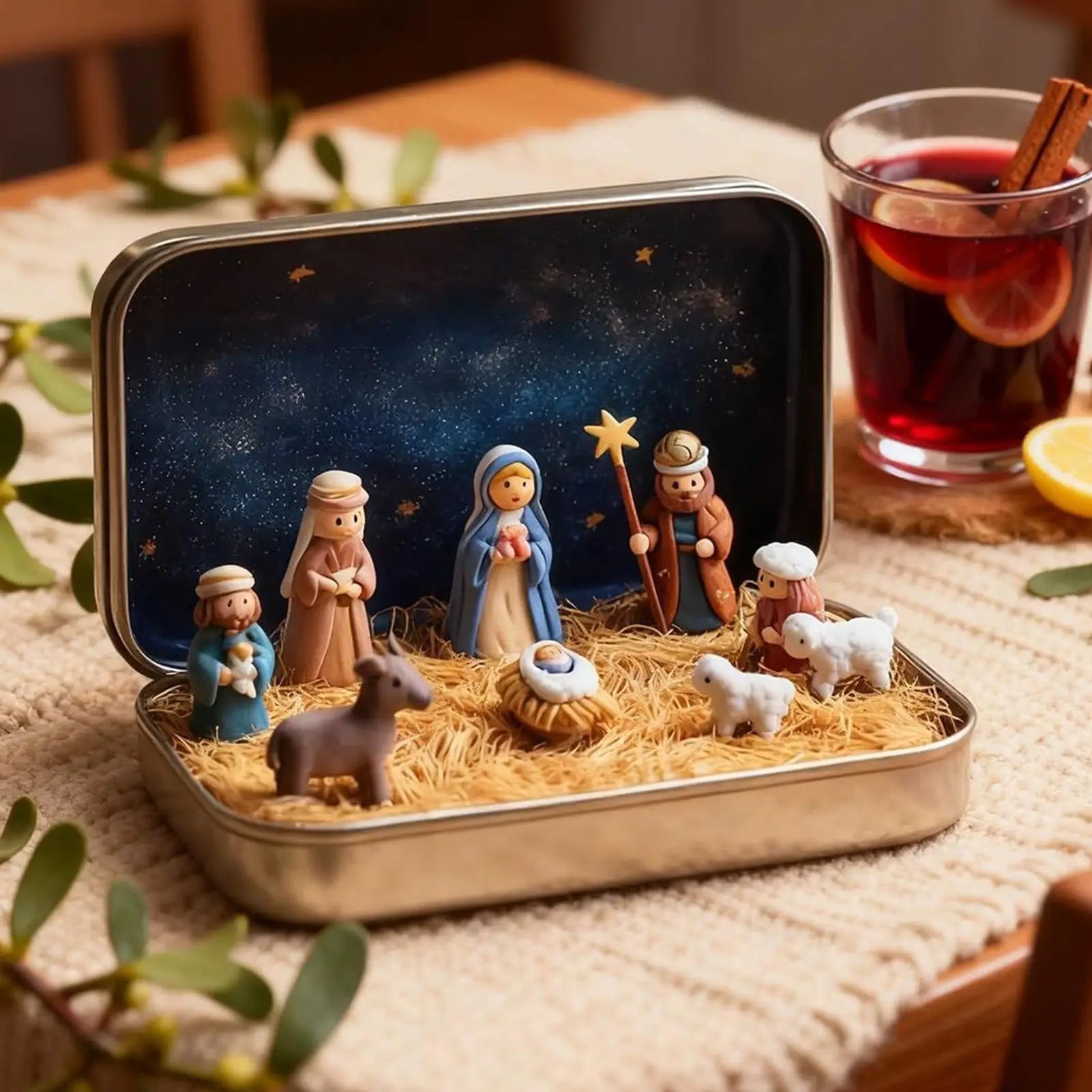 Tin Box Nativity Portable Mini 3D Holy Figurines Religious Ornament