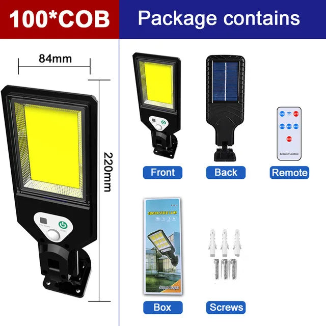 Solar Street Lights with Motion Sensor Outdoor Patio LED/COB Lamp Waterproof Remote Control Security Lighting Light for Garden Zpaxo 4-100COB