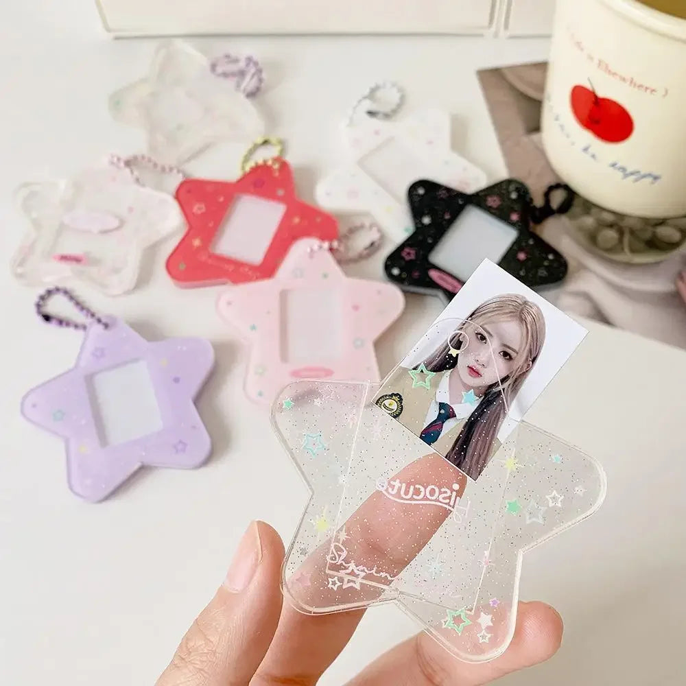 Portable Glitter Star Acrylic Photocard Holder Keychain 1-Inch ID Card Case Student Kpop Idol Photo Bag Durable Card Storage Zpaxo