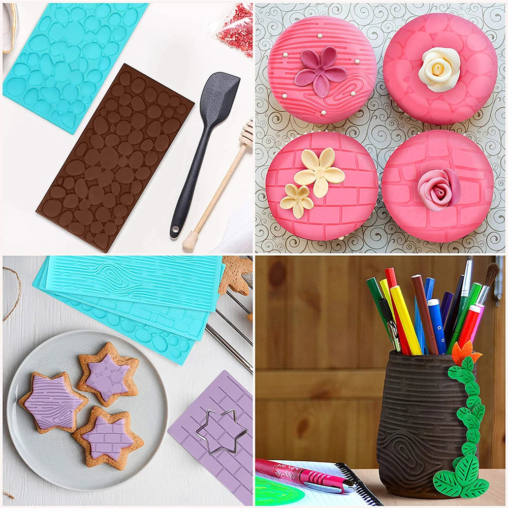 4Pcs Plastic Embossing Fondant Molds Set Icing Chocolate Cake Decorating Mould Brick Wood Cobble Pebble Stone Designs Baking Zpaxo