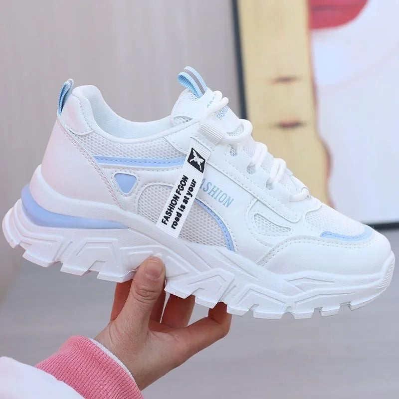 Women Sneakers Breath Thick Bottom Lightweight Sports Shoes 2025 New Lace-up Wedge Sneakers Women Comfortable Leisure Shoes Zpaxo Blue 39