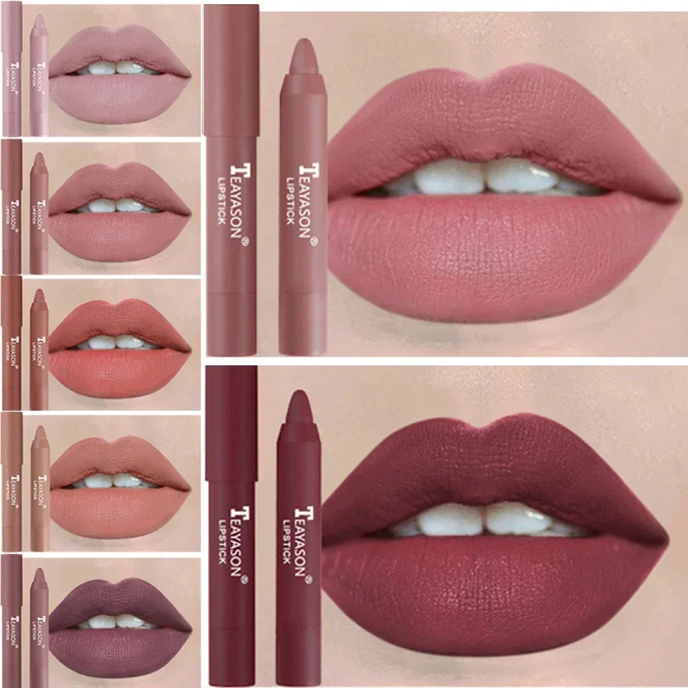 12Colors Natural Matte Lipstick Pencil Silk Lip Glaze Waterproof Lipstick Sexy Long Lasting Makeup Non-Stick Cup Lip Tint Zpaxo