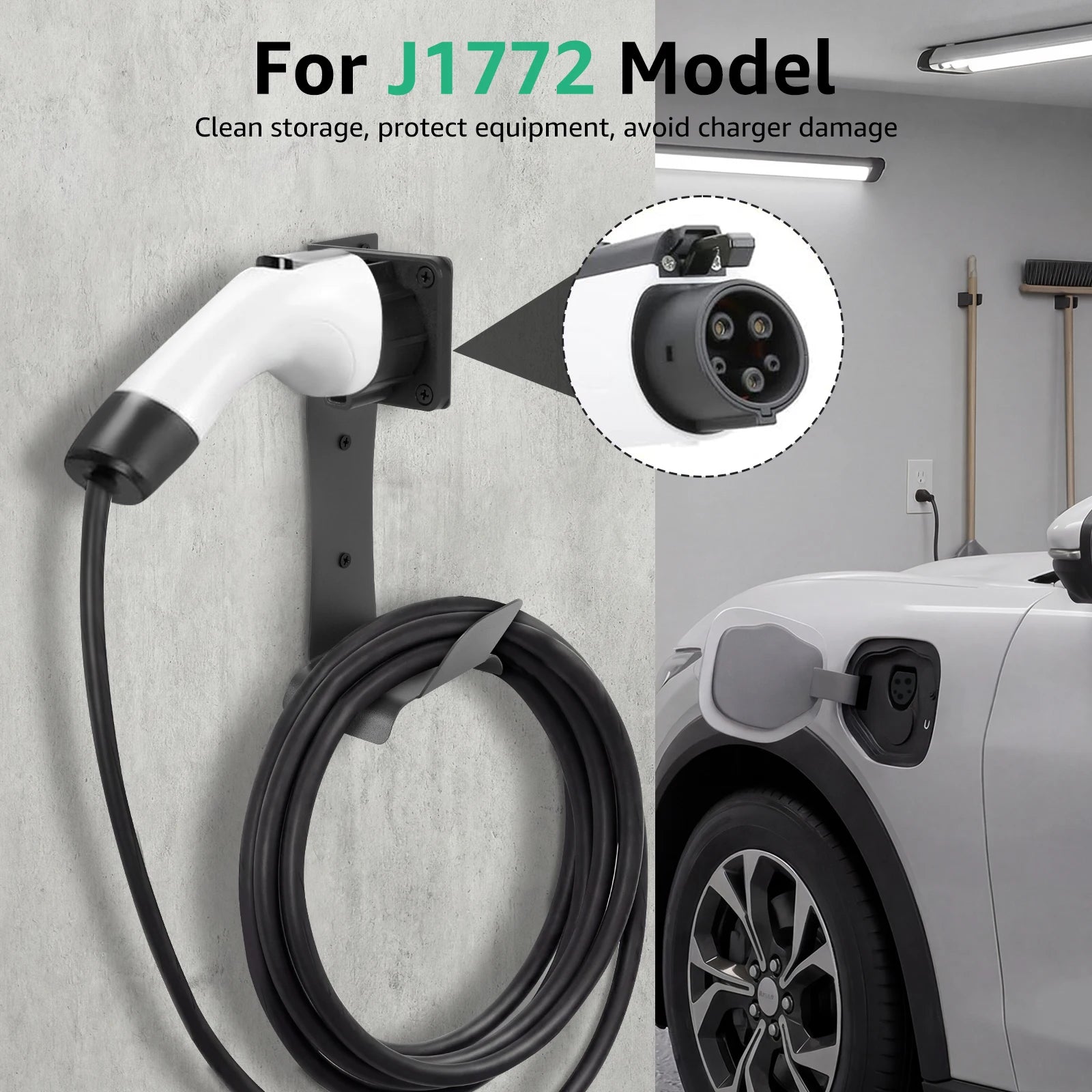 EV Charger Cable Organizer Stainless Steel J1772 Charger Holder Anti Scratch Smooth U Hook Side Mount Wall Bracket Garage Storag Zpaxo