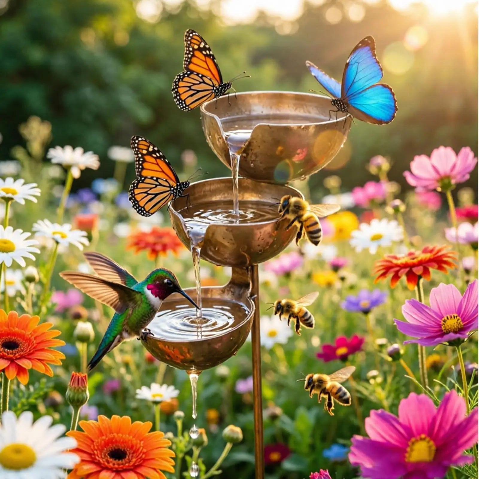 Rain Catcher 3-Tier Cascading Rustproof Outdoor Decor Rain Collector Metal Bird Bath for Yard Lawn Patio Porch Landscape Pathway Zpaxo