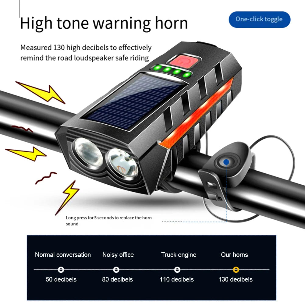 Solar Bike Headlight with 130db Horn MTB Road Bike Front Lamp USB Rechargeable High Beam Bicycle Flashlight Bicycle Accessories Zpaxo