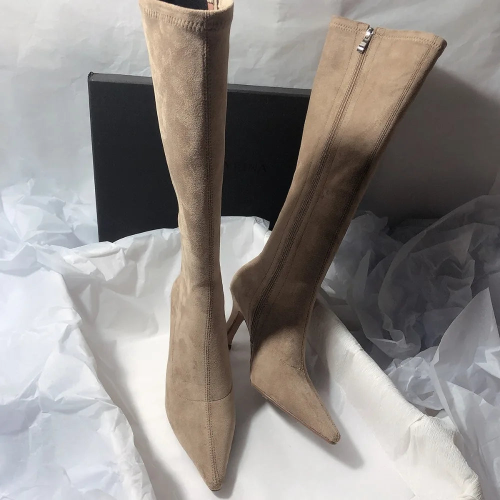Women Stretch Modern Long Boots Fashion Pointed Toe Knee Booties