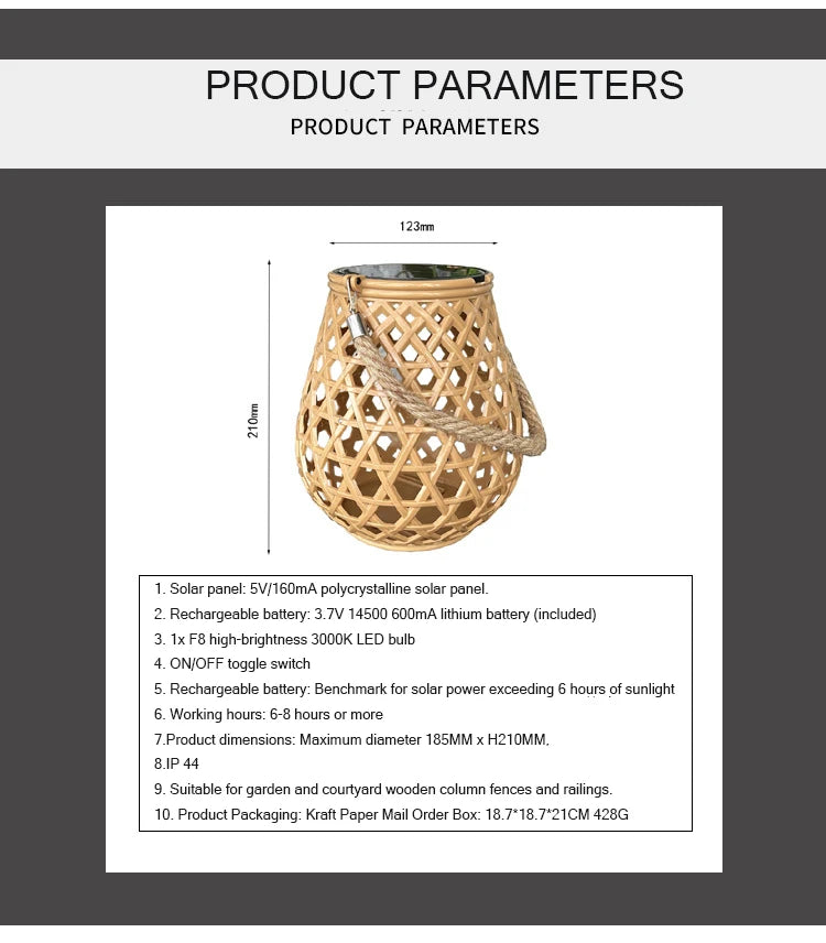 Solar Powered Bamboo Woven Hanging Cage Lamp Sun Outdoor Courtyard Zpaxo