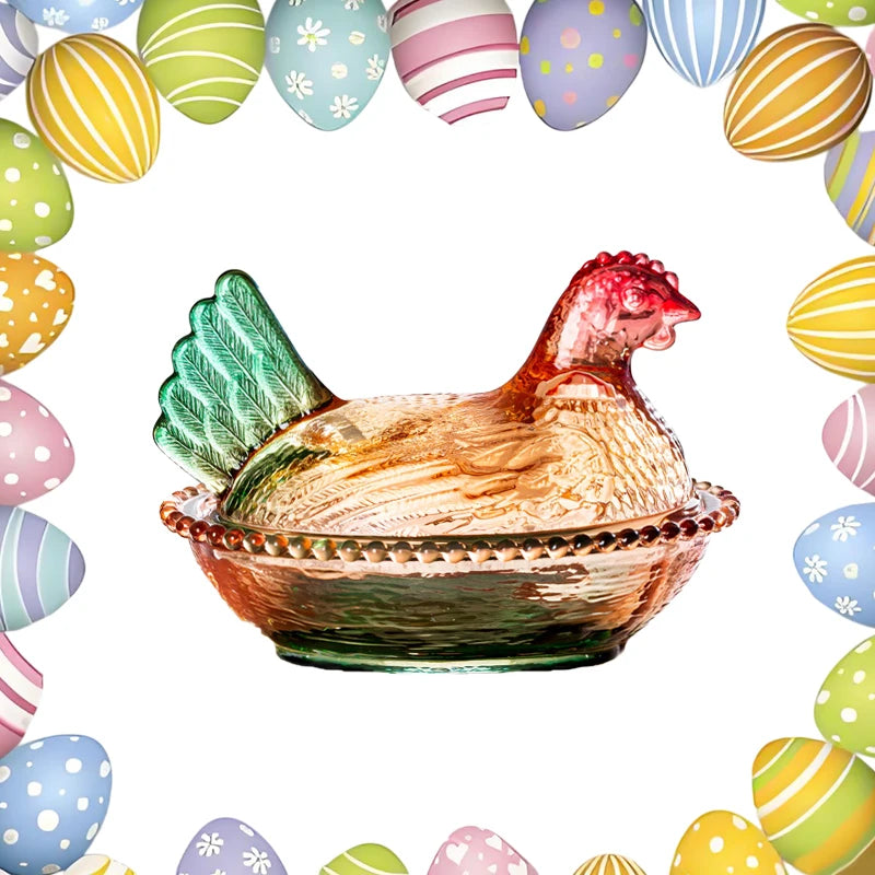 Hen-on-Nest Glass Candy Dish with Lid | Retro Chicken Bowl
