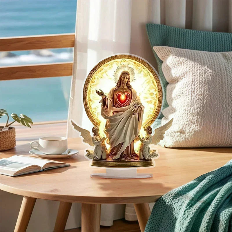 Acrylic Traditional Religious Art Desktop Sacred Heart Of Jesus Angel With Base Zpaxo