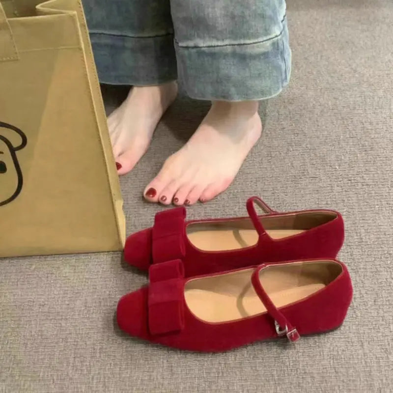 Flat Shoes for Women Spring Autumn 2025 New Velvet Mary Jane Shoes Bow Tie Square Toe Ballet Plus Size 43 44 Women's Shoes Zpaxo