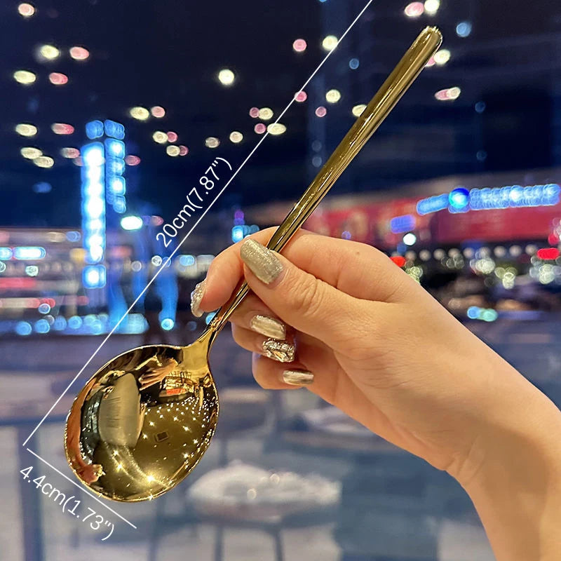 Stainless Steel Big Head Round Spoon Net Red Golden Dinner Long