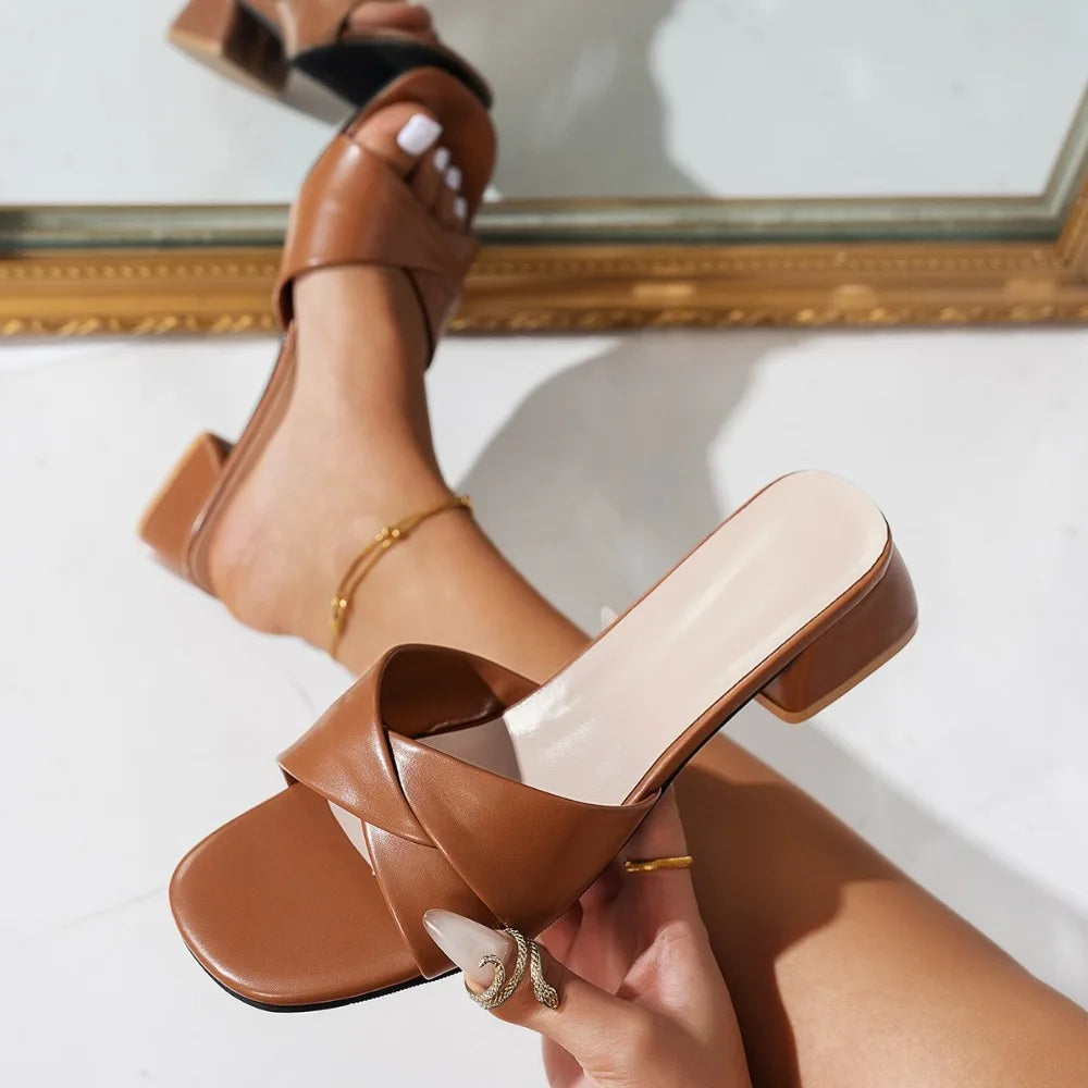 Fashion Open Toe Solid Simple Leather Surface Versatile Candy Large Zpaxo 42 Brown