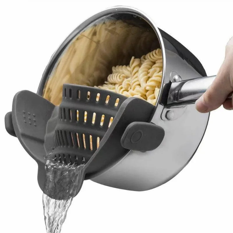 Universal Silicone Clip Pan Pot Strainer Anti Spill Pasta Food Grade Zpaxo Light Grey