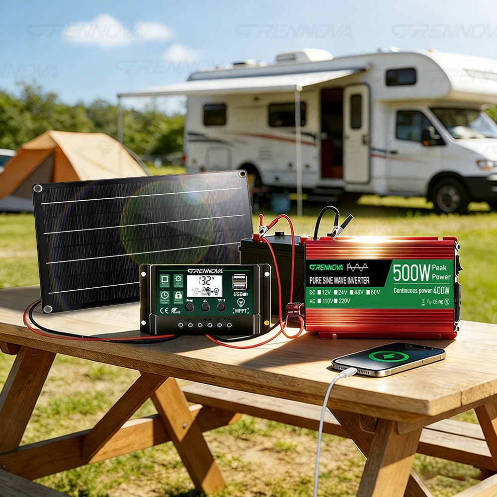 500W Solar System Pure Sine 12V To110V/220V Inverter 60A MPPT Controller 60W Panel Reliably charge smartphones, tablets, laptops Zpaxo