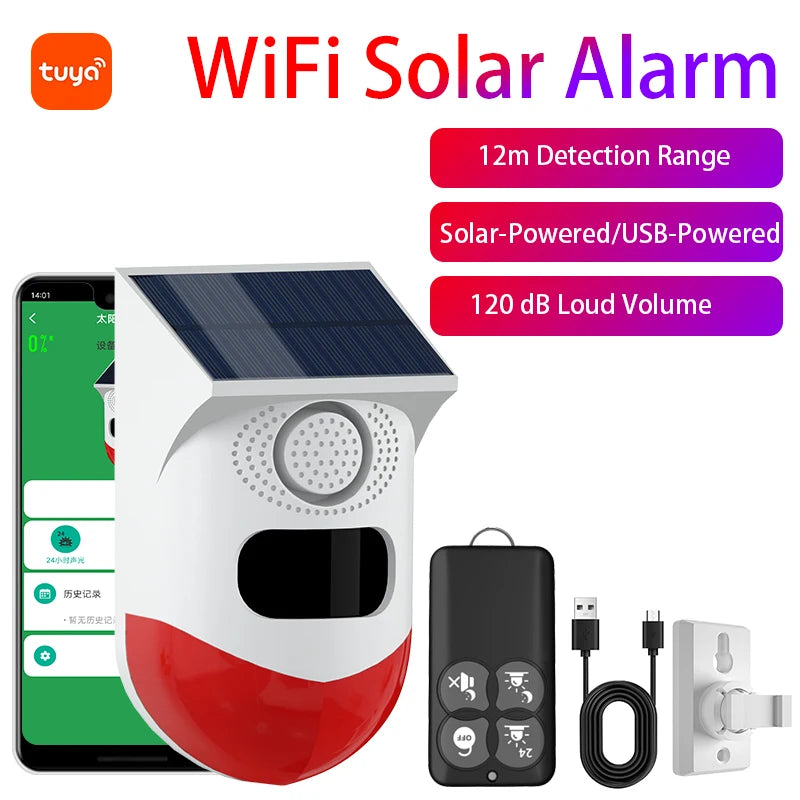 WiFi Alarm Sensor Tuya Solar Powered Wireless Infrared Motion Sensor Detector Strobe Siren PIR Sensor 120dB Alarm Waterproof Zpaxo