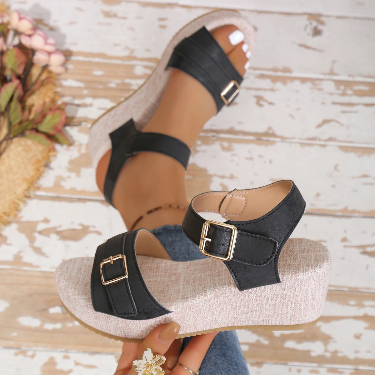 Summer Women Wedge Sandals 2026 New Non-slip Peep Toe Platform Shoes Rubber Sole Buckle Elegant Shoes Woman Sandalias De Mujer Zpaxo black 38