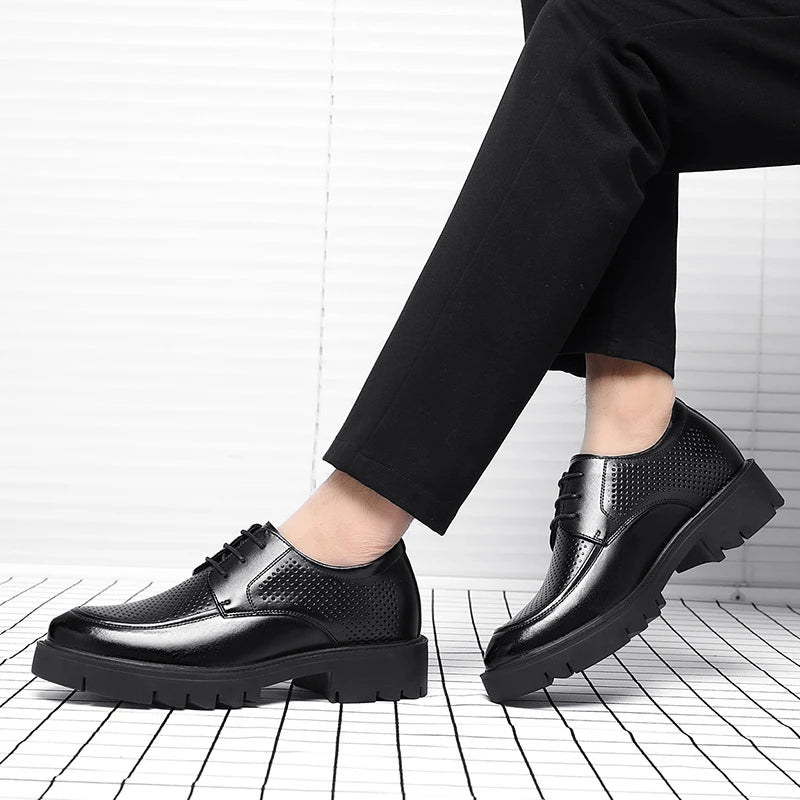 Mens Black Perforated Leather Dress Shoes Thick Lug Sole Lace Up Zpaxo