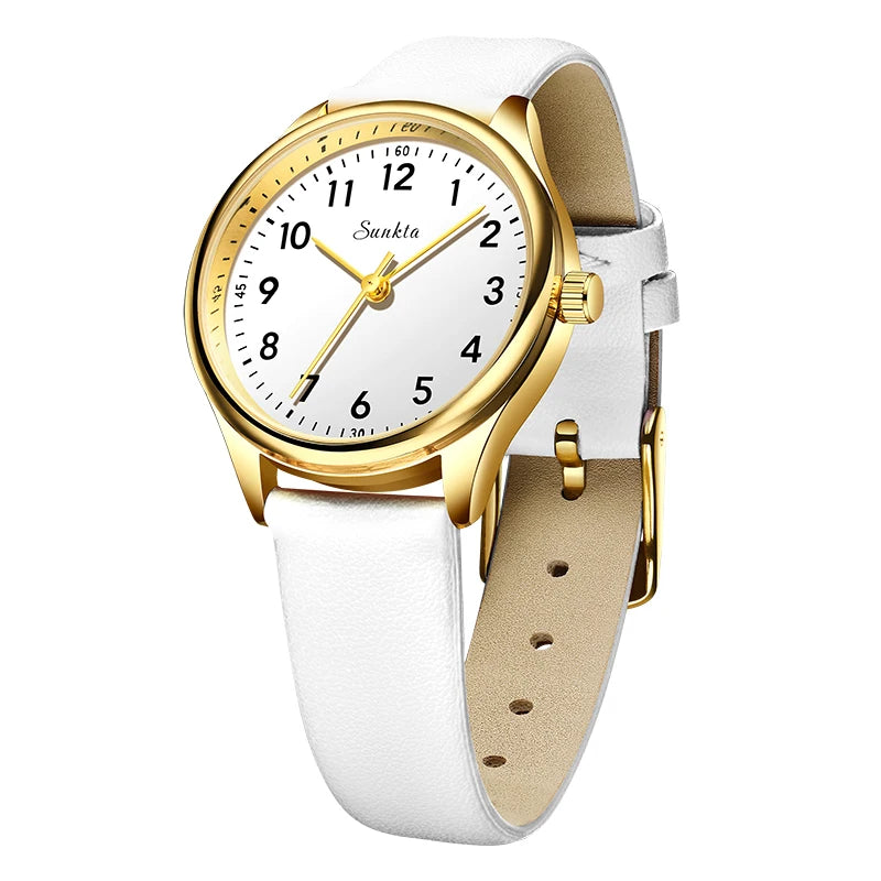 SUNKTA new fashion luxury women's quartz watches elegant leather Watches for Women waterproof simple ladies watches reloj+BOX Zpaxo White gold white