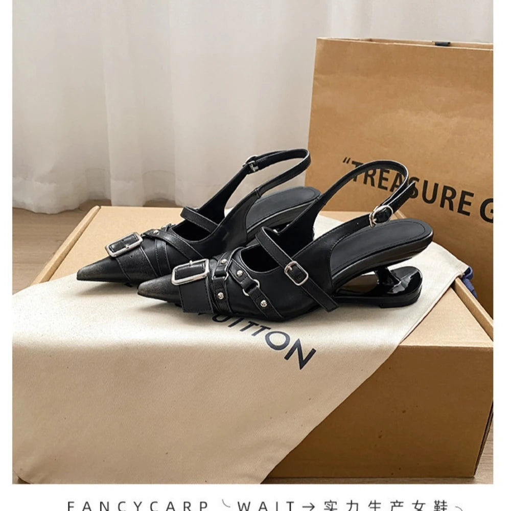 2026 Pointed Toe Heels Women Wear Belt Buckle Baotou Cold Slippers