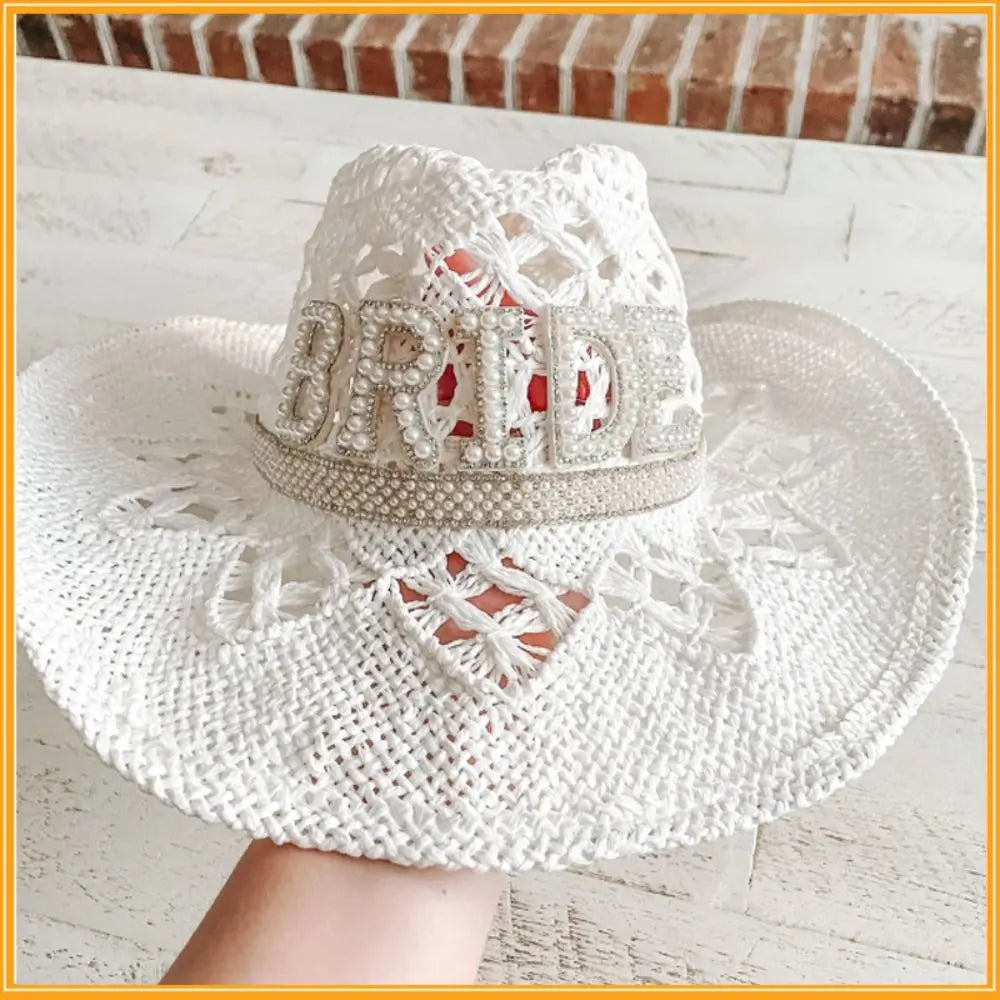 Rhinestone Letter Bride Groom Cowboy Hat Hollow Wide Brim Cowgirl Hat Crochet Western Cowboy Hat For Wedding Bachelorette Party Zpaxo