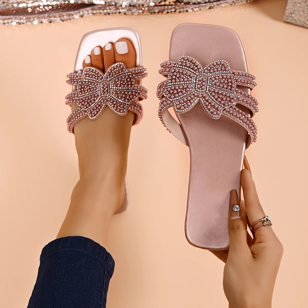 Women Slippers Fashion All-match Rhinestones Sandals Summer Flat Heel Zpaxo