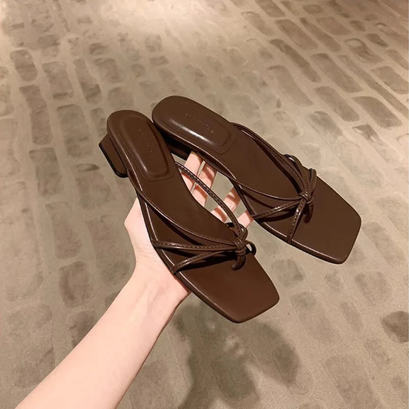 Slippers for Women's Summer New French Square Toe Slim Fit Lace Up Hollowed Out Clip on Thick Heel Outdoor Flat Sandals Women's Zpaxo brown(3cm) 35