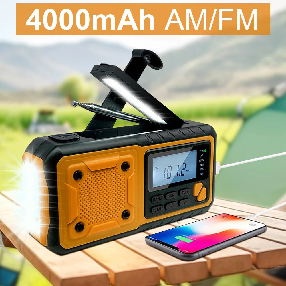 Portable 4000mAh Emergency Solar Power Radio Hand Crank AM FM Weather