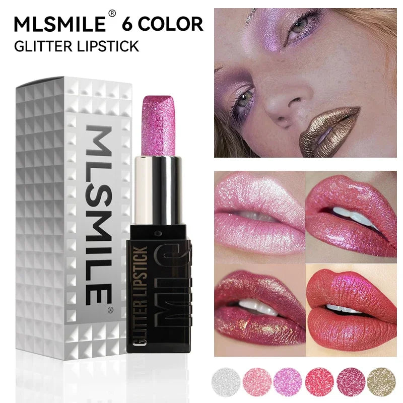 6 Color Glitter Lipstick Flash Lasting Easy Color Diamond Lipstick Waterproof Moisturizing Metallic Pearlescent Sexy Lips Makeup Zpaxo