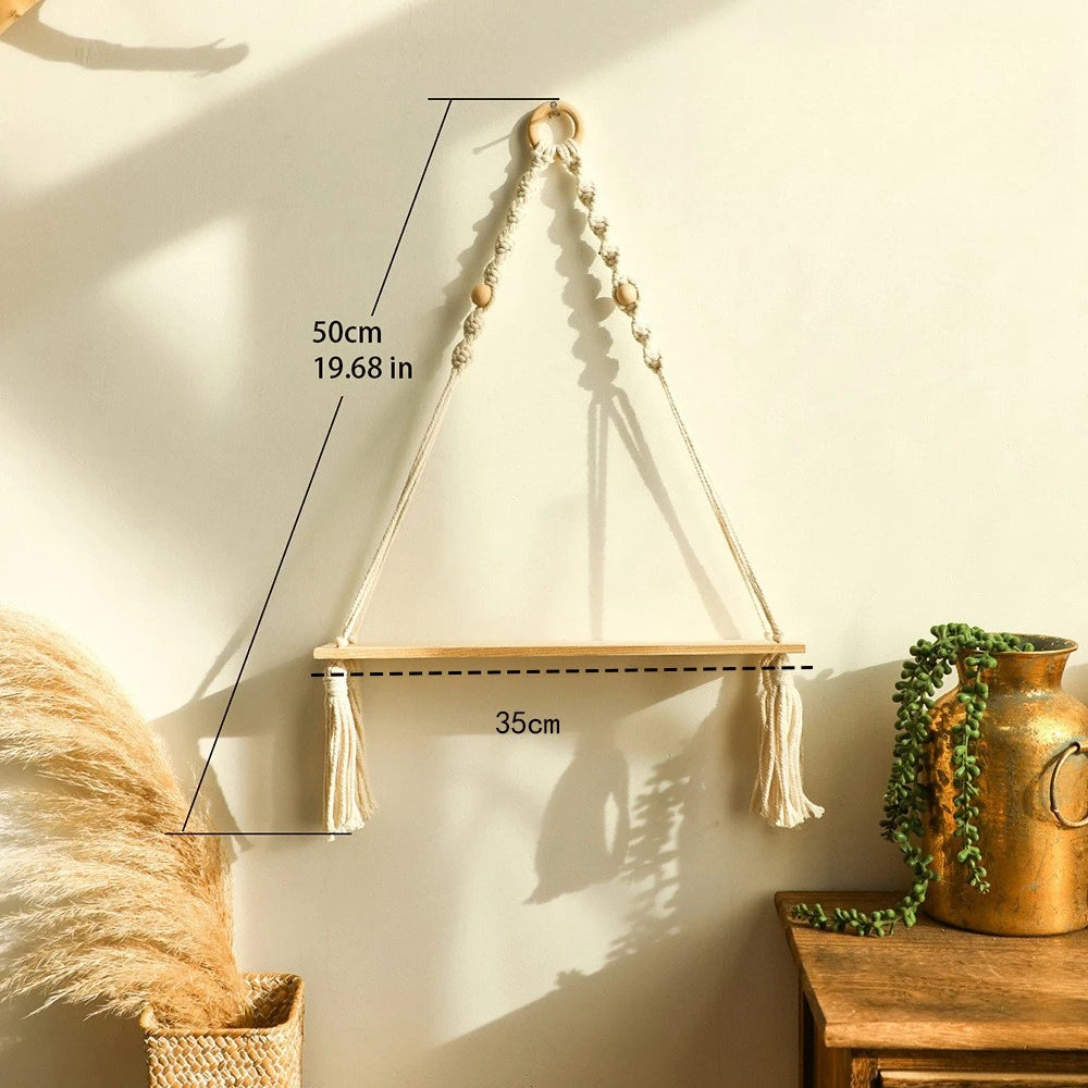 Handmade woven tassel wooden bead flowerpot shelf simple homestay living room home wall pendant Zpaxo Vase storage rack