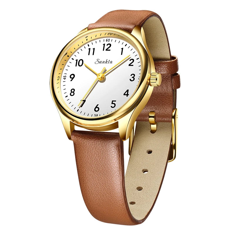 SUNKTA new fashion luxury women's quartz watches elegant leather Watches for Women waterproof simple ladies watches reloj+BOX Zpaxo Brown gold white