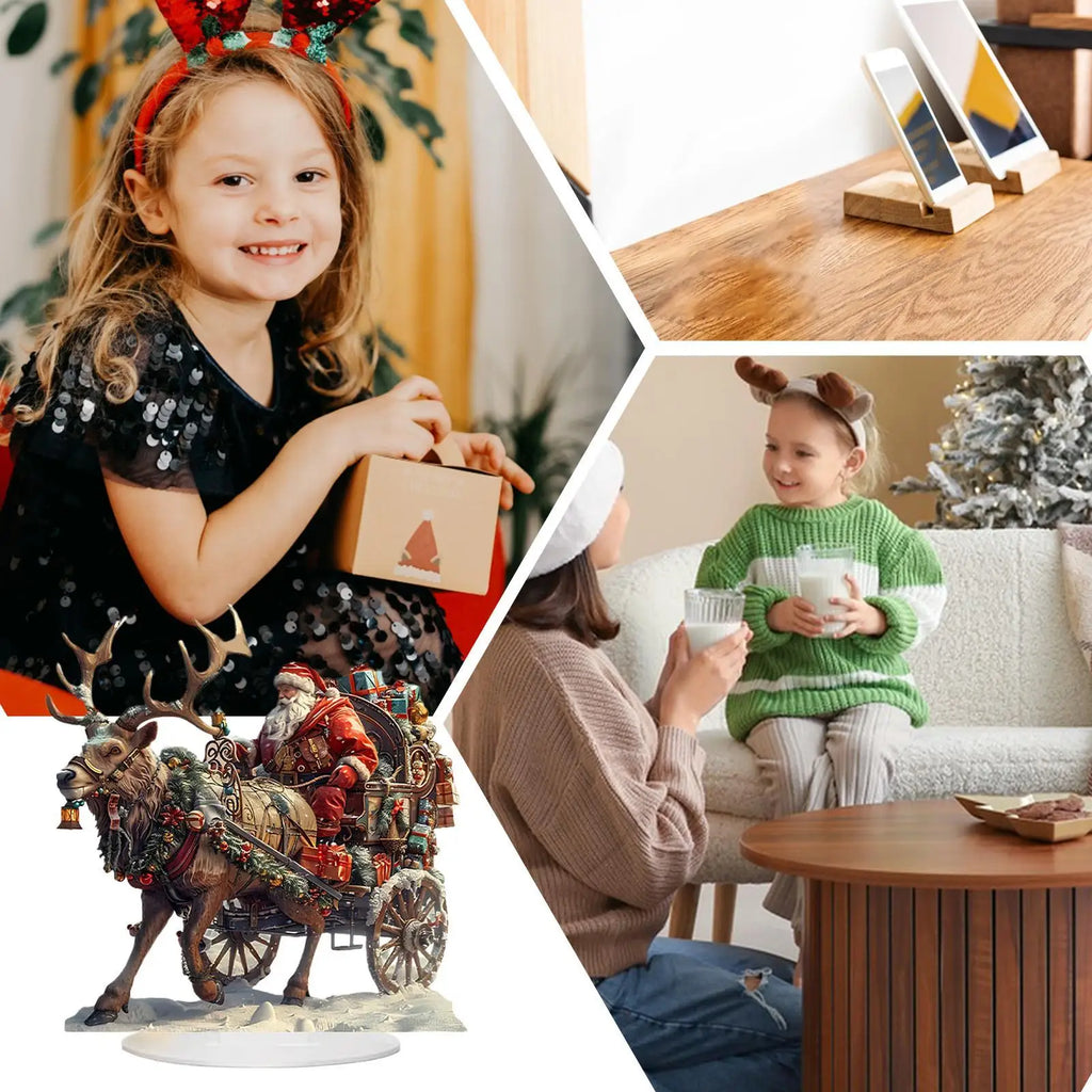 Santa Sleigh Reindeer Figurine 2D Acrylic Table Decor Deer Home Party