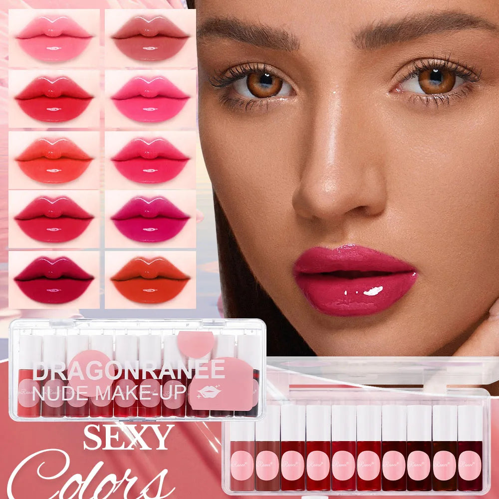Mirror Finish Lip Dye Lip Gloss Set of 10, Easy to Apply, Moisturizing, Shiny Lip Gloss, Glass Lip Effect, Non-Stick Cup, Non-Fading Lip Gloss, Fine Shimmer, Pearlescent, Glitter Lip Gloss, Mirror Lipstick, 10-Color Set Box, Zpaxo
