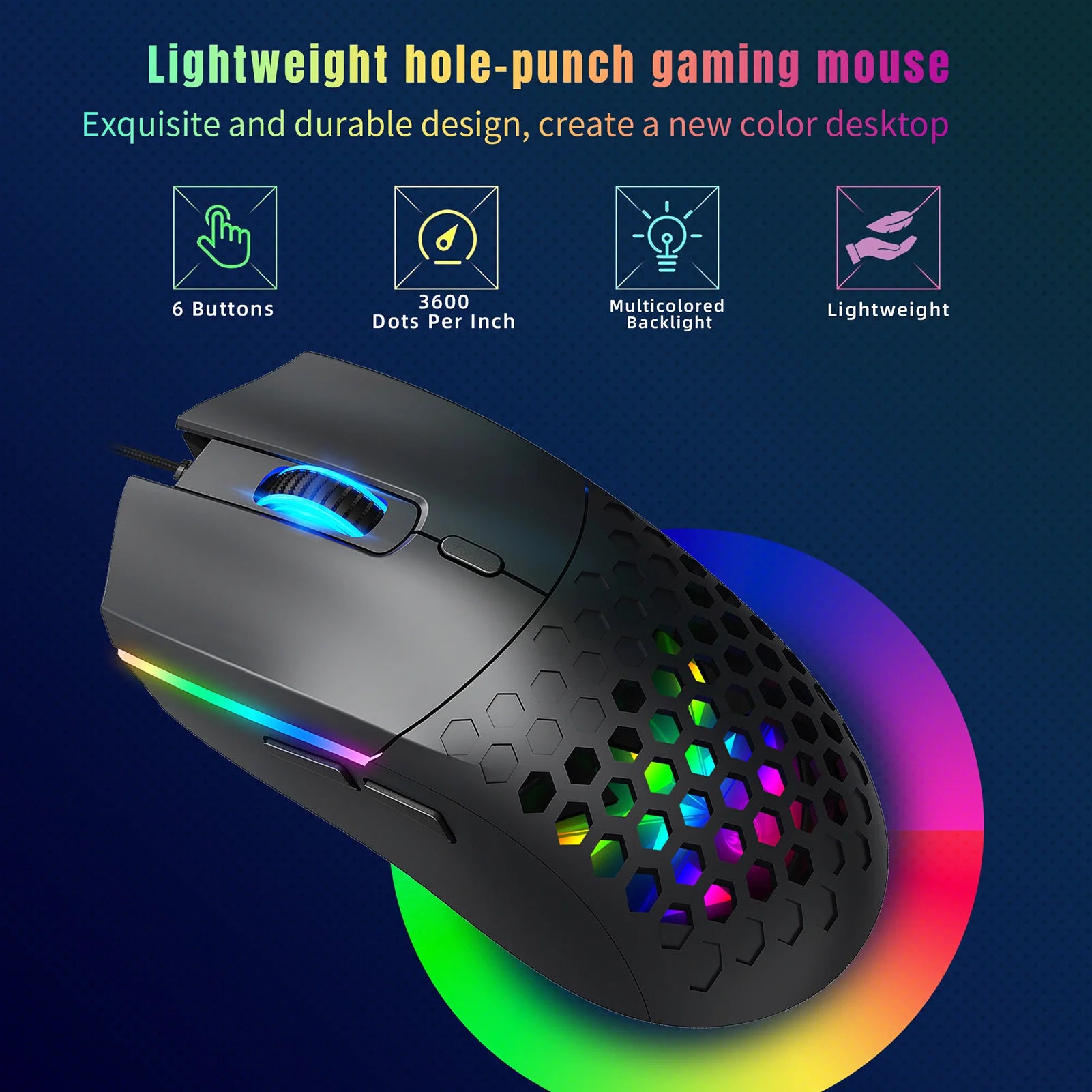 Wired Mouse Hollow Design Gaming Mouse with 6400DPI Colorful Backlit Ergonomic for Gaming and Working Zpaxo