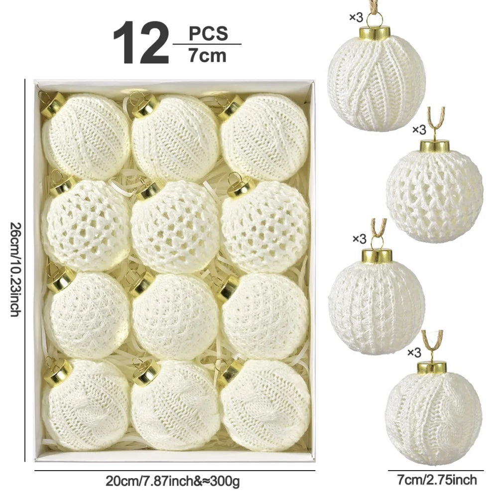 12-Pack White Knitted Yarn Christmas Ball Ornaments | Tree Decor