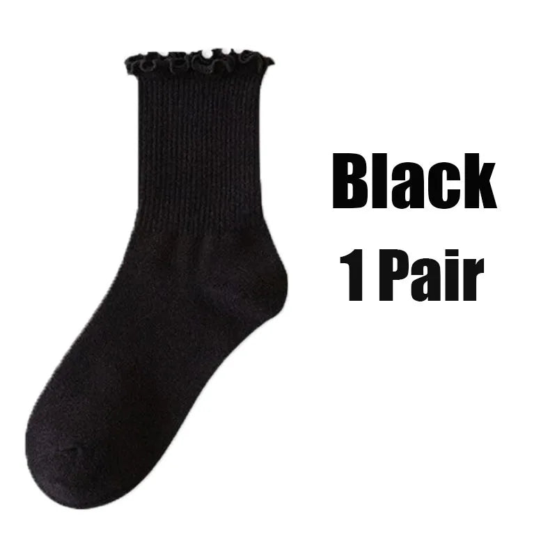1 3pairs Ruffle Socks Women Mid Crew Middles Tube Ankle Breathable Zpaxo black-1pair