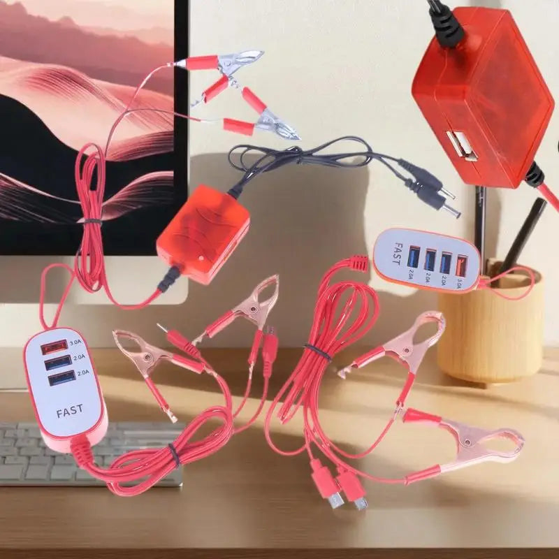 USB Battery Charger Adapter – Crocodile Clips 12-24V Multi-Port